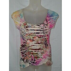 STRETCH Multicolored Sz Medium Ruched Stretchy Jersey Knit Sublimation Shirt